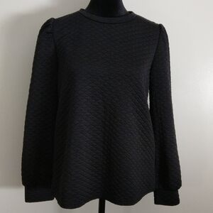 Quilted pattern shirt black puff sleeve textured office blouse